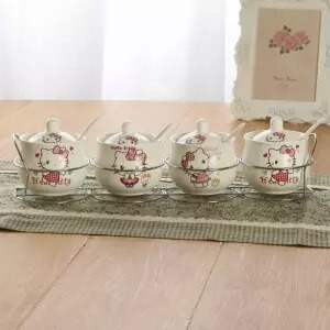 Špeciálna ponuka Keramická sada koreniacich pohárov s kresleným vzorom, kostený porcelán, štvordielna sada korenia, fľaša, kuchynské potreby, železný stojan