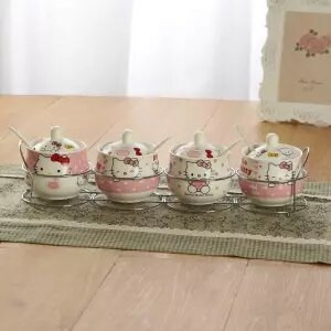 Špeciálna ponuka Keramická sada koreniacich pohárov s kresleným vzorom, kostený porcelán, štvordielna sada korenia, fľaša, kuchynské potreby, železný stojan