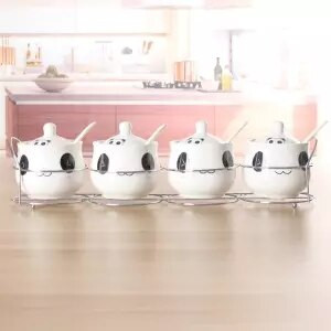 Špeciálna ponuka Keramická sada koreniacich pohárov s kresleným vzorom, kostený porcelán, štvordielna sada korenia, fľaša, kuchynské potreby, železný stojan