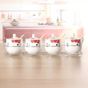 Špeciálna ponuka Keramická sada koreniacich pohárov s kresleným vzorom, kostený porcelán, štvordielna sada korenia, fľaša, kuchynské potreby, železný stojan