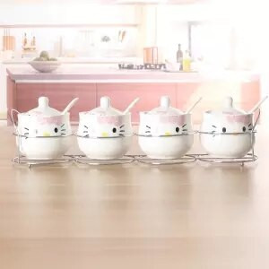 Špeciálna ponuka Keramická sada koreniacich pohárov s kresleným vzorom, kostený porcelán, štvordielna sada korenia, fľaša, kuchynské potreby, železný stojan