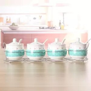 Špeciálna ponuka Keramická sada koreniacich pohárov s kresleným vzorom, kostený porcelán, štvordielna sada korenia, fľaša, kuchynské potreby, železný stojan