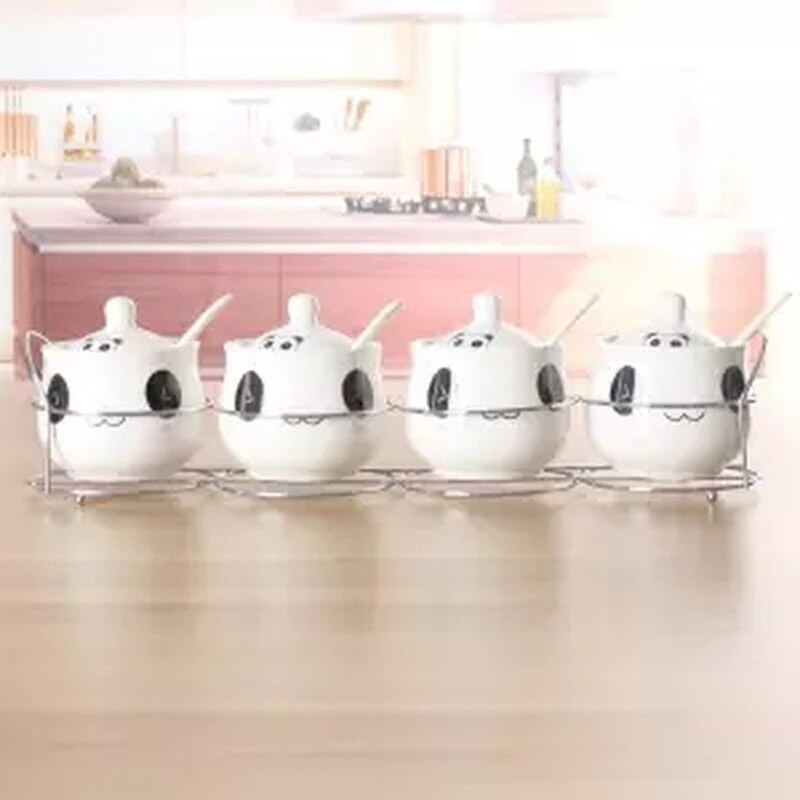 Špeciálna ponuka Keramická sada koreniacich pohárov s kresleným vzorom, kostený porcelán, štvordielna sada korenia, fľaša, kuchynské potreby, železný stojan