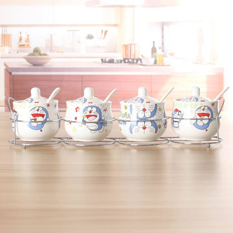 Špeciálna ponuka Keramická sada koreniacich pohárov s kresleným vzorom, kostený porcelán, štvordielna sada korenia, fľaša, kuchynské potreby, železný stojan