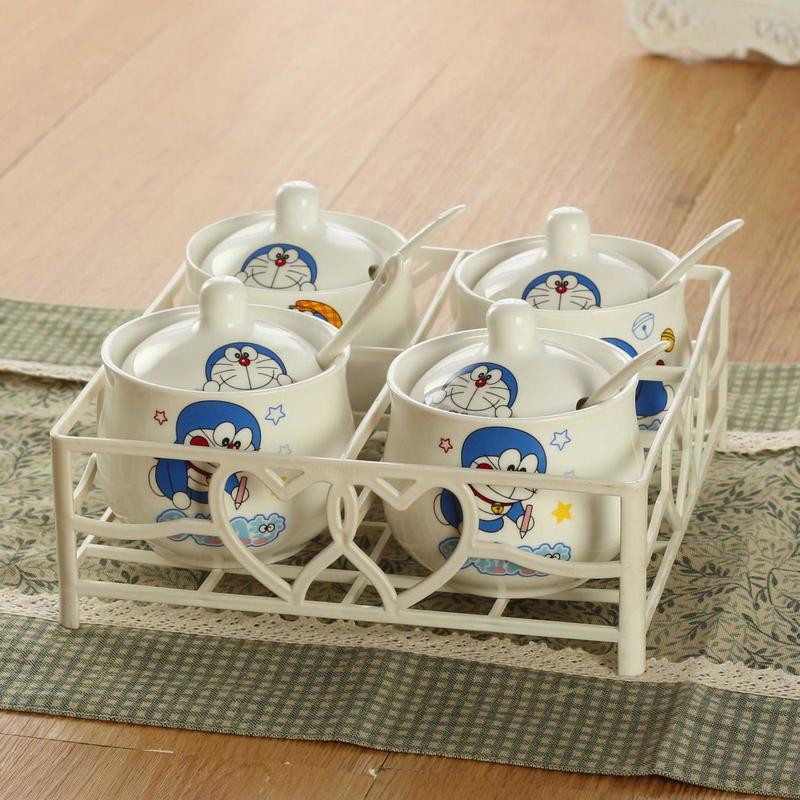 Špeciálna ponuka Keramická sada koreniacich pohárov s kresleným vzorom, kostený porcelán, štvordielna sada korenia, fľaša, kuchynské potreby, železný stojan