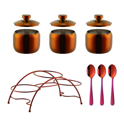 Zlatá korenie Can 304Nerezová oceľová soľnička fľaša korenie poháre s viečkom a lyžicou riad kovové nádoby na skladovanie cukru držiak stojan