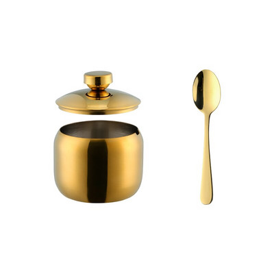 Zlatá korenie Can 304Nerezová oceľová soľnička fľaša korenie poháre s viečkom a lyžicou riad kovové nádoby na skladovanie cukru držiak stojan