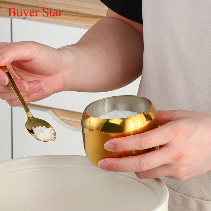 Zlatá korenie Can 304Nerezová oceľová soľnička fľaša korenie poháre s viečkom a lyžicou riad kovové nádoby na skladovanie cukru držiak stojan