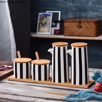 Nordic Black and White Stripes κεραμικό σετ συνδυασμού μπαχαρικών Salt Sugar Oil Sauce Soy Bottle Ξίδι Κατσαρόλα Προμήθειες κουζίνας