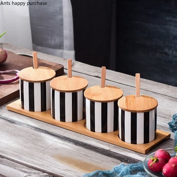 Nordic Black and White Stripes κεραμικό σετ συνδυασμού μπαχαρικών Salt Sugar Oil Sauce Soy Bottle Ξίδι Κατσαρόλα Προμήθειες κουζίνας