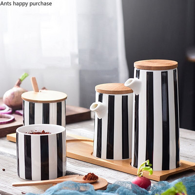 Nordic Black and White Stripes kerámia fűszeres tégely kombinációs készlet Só Cukor Olaj Szójaszószos Palack Ecetes Konyhai Kellékek