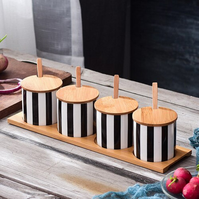 Nordijske crne i bijele pruge Kombinirani set keramičkih staklenki za začine Sol Šećer Ulje Boca sojinog umaka Lonac za ocat Kuhinjski pribor