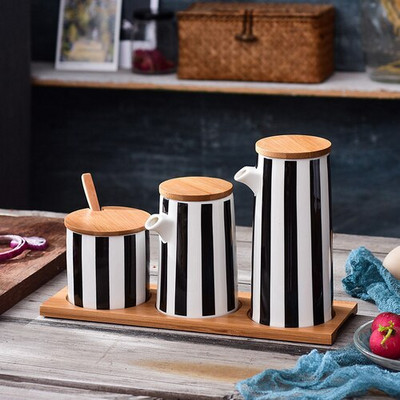 Nordijske crne i bijele pruge Kombinirani set keramičkih staklenki za začine Sol Šećer Ulje Boca sojinog umaka Lonac za ocat Kuhinjski pribor