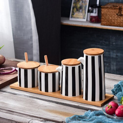Nordijske crne i bijele pruge Kombinirani set keramičkih staklenki za začine Sol Šećer Ulje Boca sojinog umaka Lonac za ocat Kuhinjski pribor