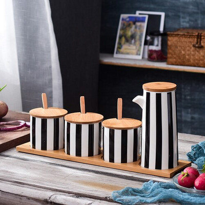 Nordijske crne i bijele pruge Kombinirani set keramičkih staklenki za začine Sol Šećer Ulje Boca sojinog umaka Lonac za ocat Kuhinjski pribor