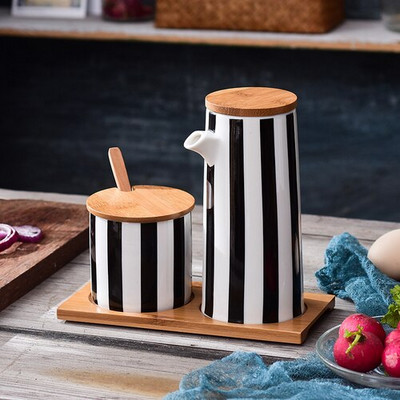Nordijske crne i bijele pruge Kombinirani set keramičkih staklenki za začine Sol Šećer Ulje Boca sojinog umaka Lonac za ocat Kuhinjski pribor