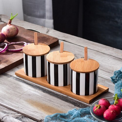 Nordijske crne i bijele pruge Kombinirani set keramičkih staklenki za začine Sol Šećer Ulje Boca sojinog umaka Lonac za ocat Kuhinjski pribor