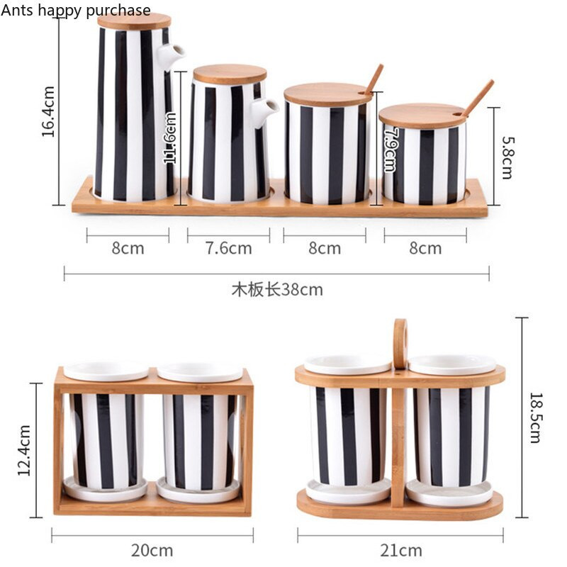 Severské čiernobiele pruhy, keramická kombinácia dóz na korenie, soľ, cukor, olej, sójová omáčka, fľaša, ocot, hrniec, kuchynské potreby