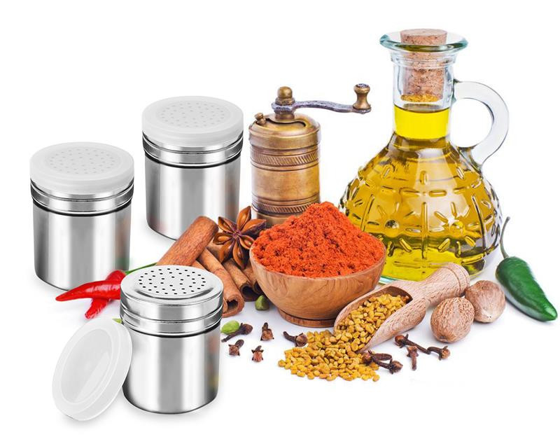 Sada 3 fliaš na korenie Kapmore z nehrdzavejúcej ocele, trepačka na korenie s plastovým viečkom, kuchynské náradie, úložný priestor na prášok