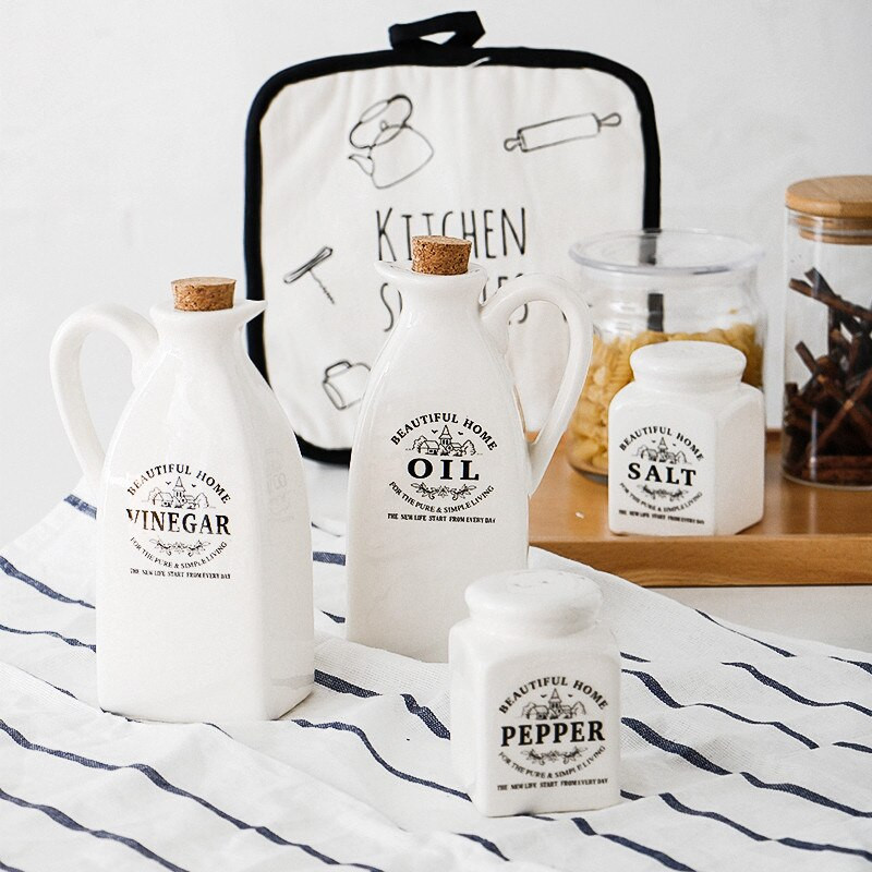 4 ks/sada keramických dóz na korenie s dreveným korkom, kuchynská fľaša na korenie, korenie, ocot, soľnička, kuchynské náradie