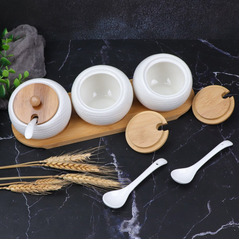 1/3 ks porcelánová nádoba na korenie s bambusovými viečkami, tácka, hrnčiarska nádoba na cukorničku, servírovanie čaju, kávy a korenia