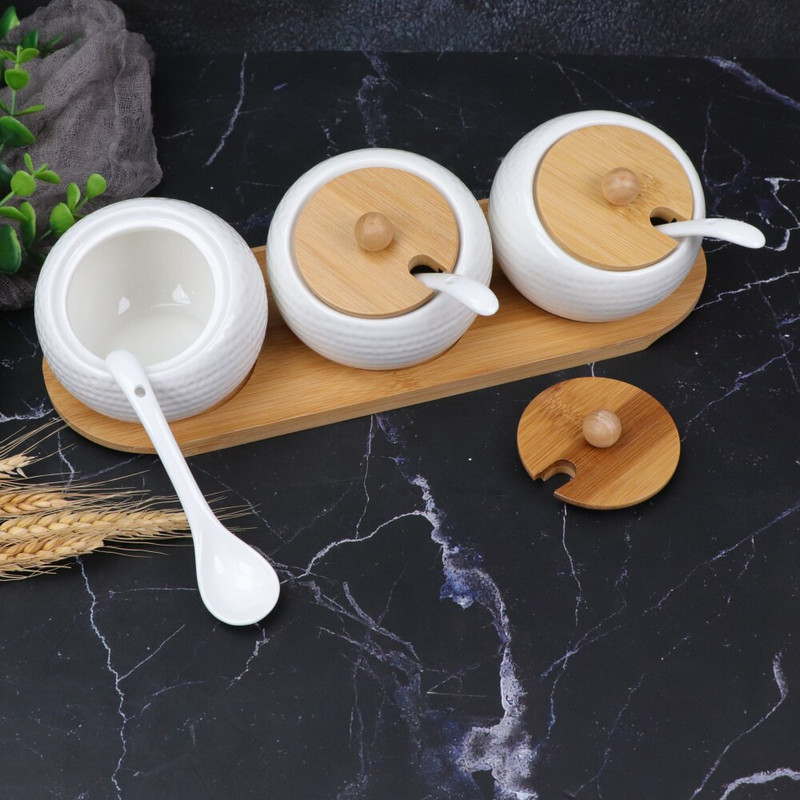 1/3 ks porcelánová nádoba na korenie s bambusovými viečkami, tácka, hrnčiarska nádoba na cukorničku, servírovanie čaju, kávy a korenia