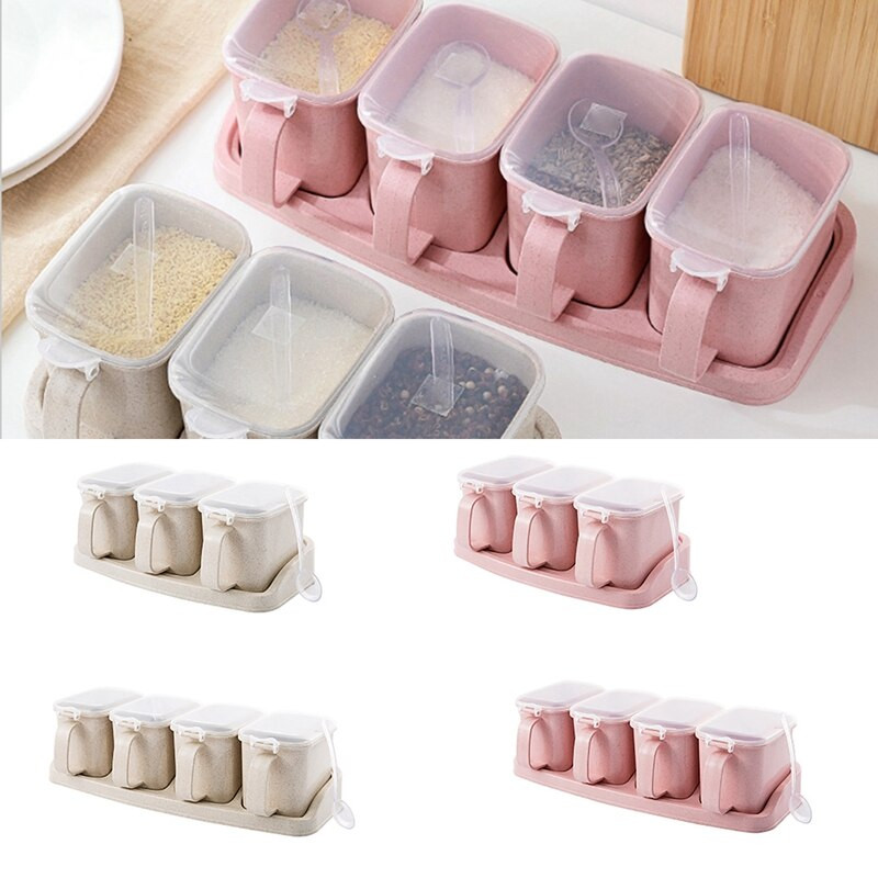 Prieskonių indelio plastikinė nešiojama prieskonių talpyklos prieskonių dėžutė su dangteliu ir etikete ir šaukštu druskos purtyklė virtuvės kelių tinklelių prieskonių dėžutė