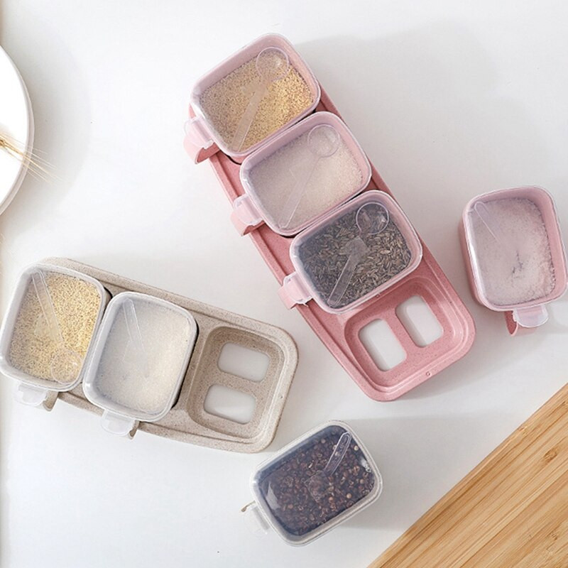 Prieskonių indelio plastikinė nešiojama prieskonių talpyklos prieskonių dėžutė su dangteliu ir etikete ir šaukštu druskos purtyklė virtuvės kelių tinklelių prieskonių dėžutė