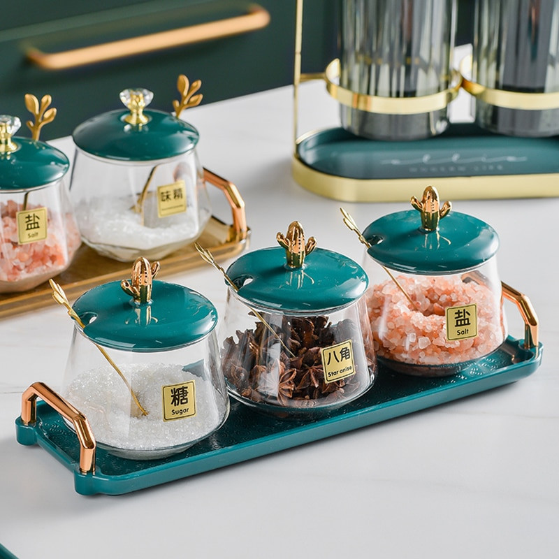 3-dielna sada sklenených koreniacich nádob na soľ, cukor, chilli, korenie, domáca sójová omáčka, ocot, fľaša s akrylovým podnosom, kuchynské doplnky