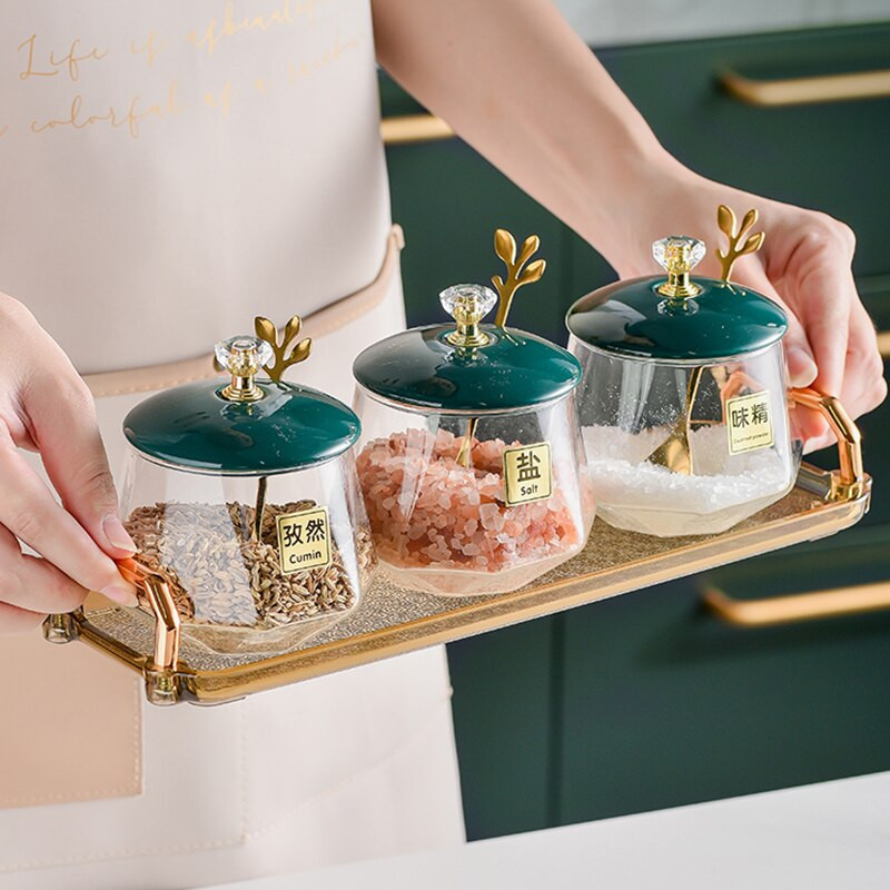 3-dielna sada sklenených koreniacich nádob na soľ, cukor, chilli, korenie, domáca sójová omáčka, ocot, fľaša s akrylovým podnosom, kuchynské doplnky