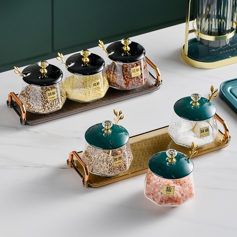 3-dielna sada sklenených koreniacich nádob na soľ, cukor, chilli, korenie, domáca sójová omáčka, ocot, fľaša s akrylovým podnosom, kuchynské doplnky