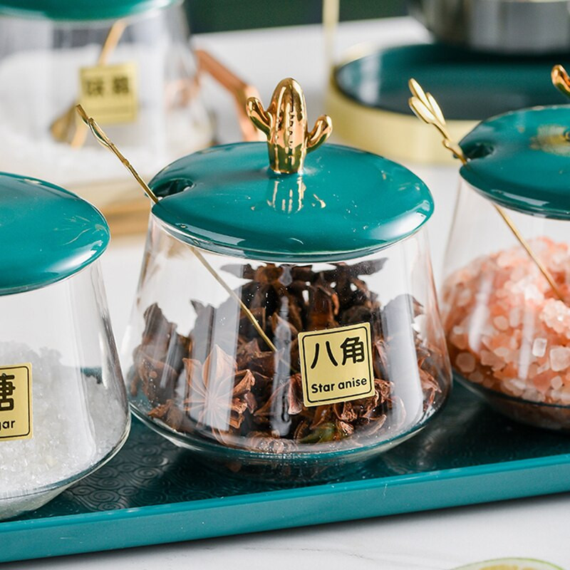 3-dielna sada sklenených koreniacich nádob na soľ, cukor, chilli, korenie, domáca sójová omáčka, ocot, fľaša s akrylovým podnosom, kuchynské doplnky