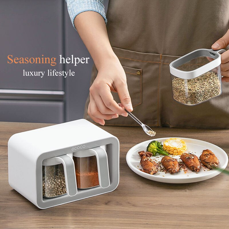 ECOCO Stojan na korenie Organizér Cukornička Soľnička Nádoba na korenie Krabičky na korenie s lyžičkami Úložný priestor na kuchynské potreby