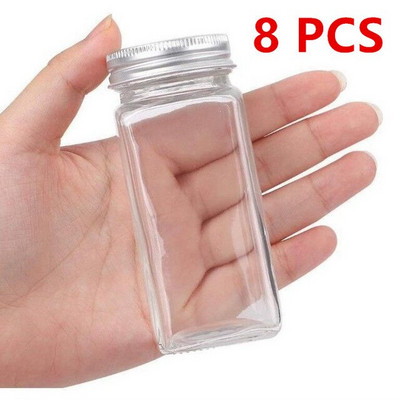 8 бр. Стъклени буркани Празни квадратни бутилки за подправки - капаци за шейкър и херметични метални капачки