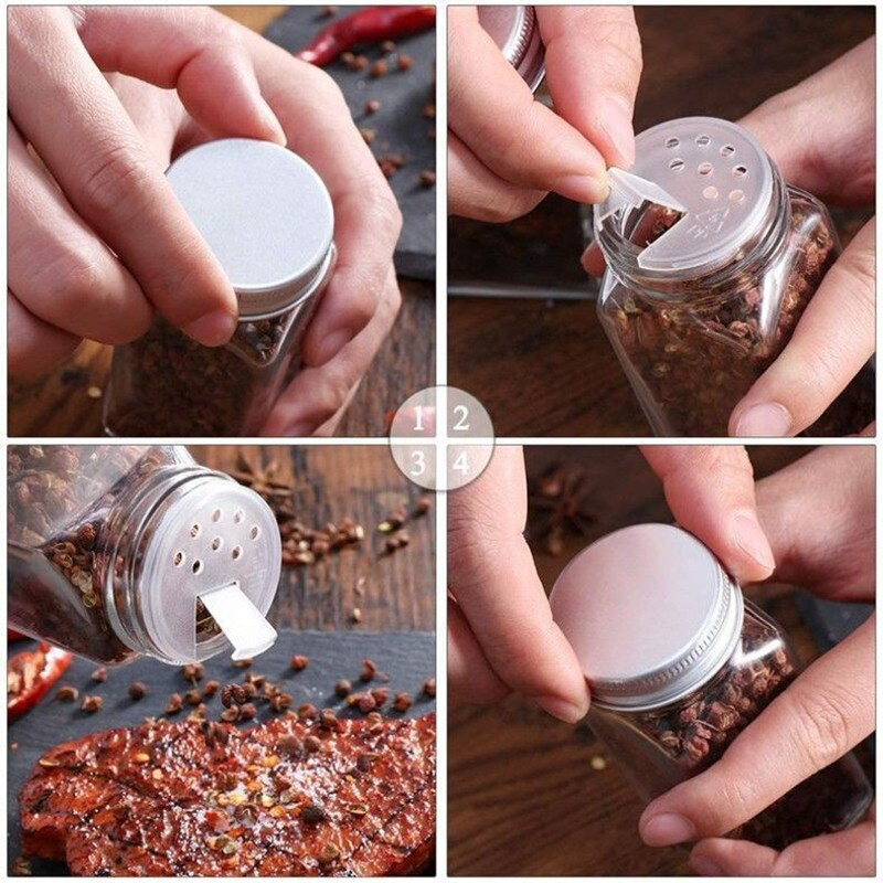 8 бр. Стъклени буркани Празни квадратни бутилки за подправки - капаци за шейкър и херметични метални капачки