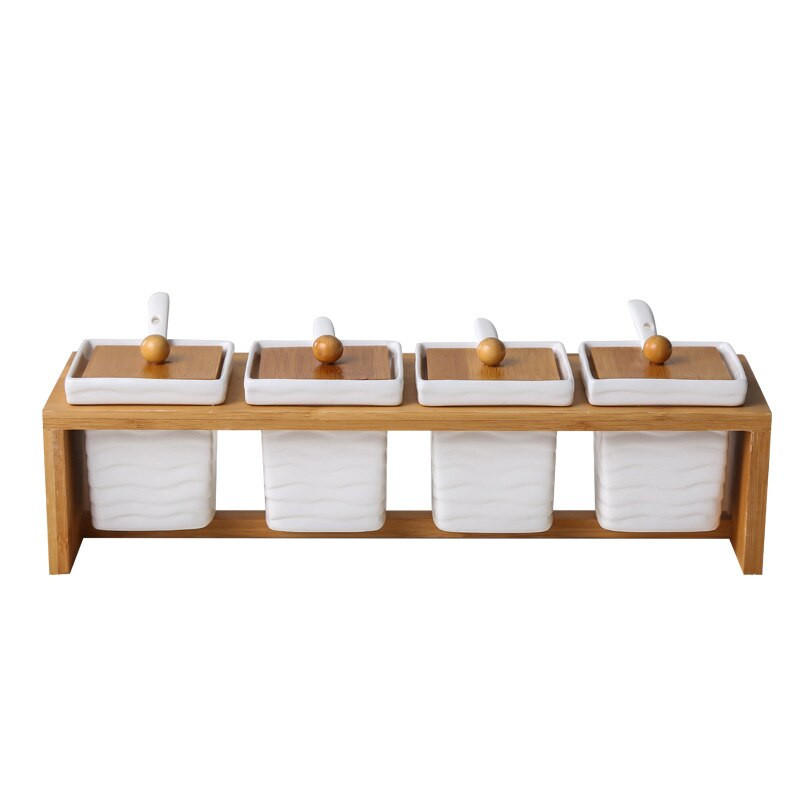 Keramické poháre na korenie s dreveným stojanom, fľaše na korenie s lyžičkami, organizér na poháre soľ, korenie a cukor