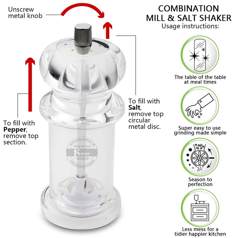 Konco Akrylový mlynček na korenie a soľ, mlynček na korenie, ručný mlynček na korenie, mlynček na soľ a korenie, kuchynský gadget