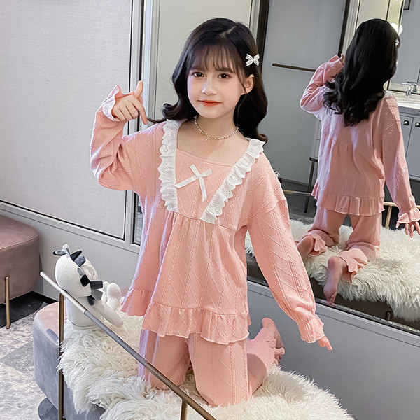 Pidžama za djevojčice, dvodijelne hlače i bluza s čipkom