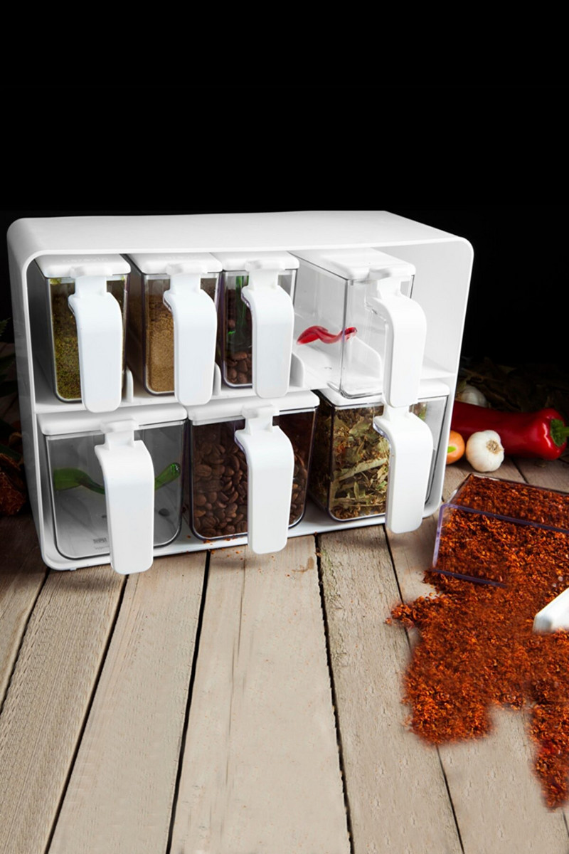 8 vnt. Skaidrus prieskonių indelio rinkinys Druskos ir pipirų prieskonių buteliukas spalvingas dangtelis virtuvės prieskonių kruopų laikymo talpyklos prieskonių lentynėlė