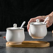 Kreatívna keramická fľaša na korenie, miska na cukor a soľ, sada korenia s lyžičkou a bambusovým stojanom, kuchynská nádoba na odkladanie