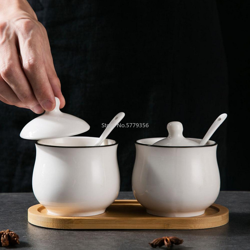 Kreatívna keramická fľaša na korenie, miska na cukor a soľ, sada korenia s lyžičkou a bambusovým stojanom, kuchynská nádoba na odkladanie