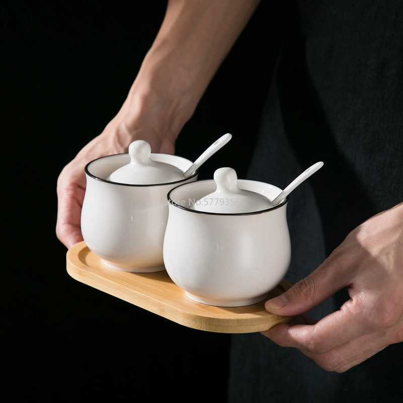 Kreatívna keramická fľaša na korenie, miska na cukor a soľ, sada korenia s lyžičkou a bambusovým stojanom, kuchynská nádoba na odkladanie