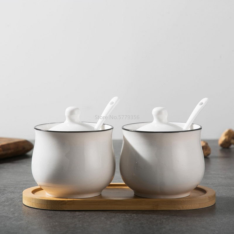 Kreatívna keramická fľaša na korenie, miska na cukor a soľ, sada korenia s lyžičkou a bambusovým stojanom, kuchynská nádoba na odkladanie