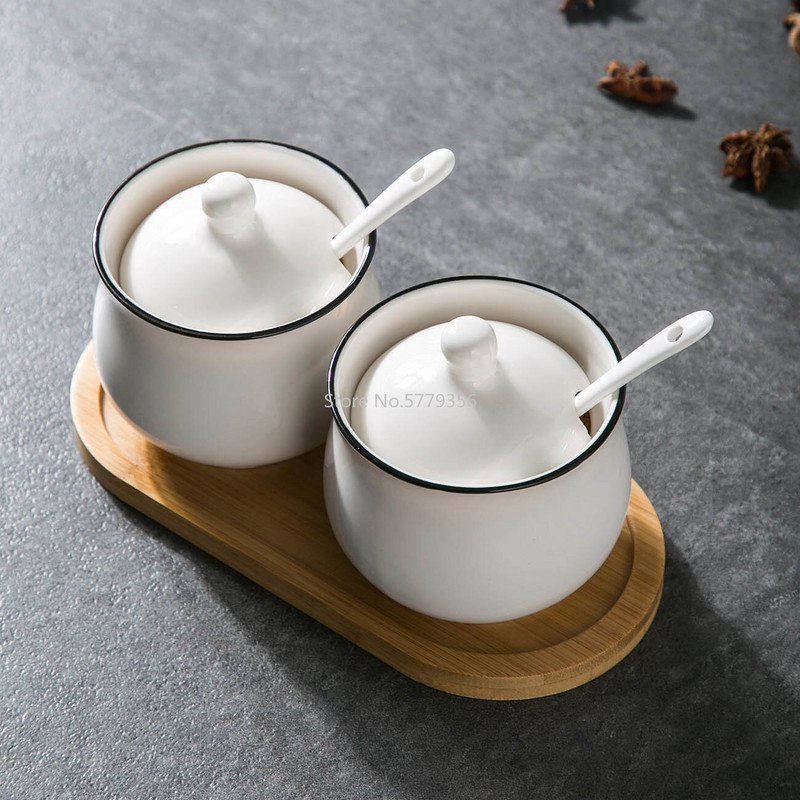 Kreatívna keramická fľaša na korenie, miska na cukor a soľ, sada korenia s lyžičkou a bambusovým stojanom, kuchynská nádoba na odkladanie