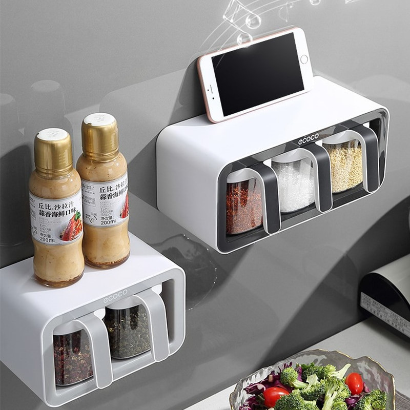 Nástenný držiak na korenie, cukor, soľ, korenie, stojan na korenie, plastové úložné boxy na korenie, držiak na korenie, kuchynské doplnky