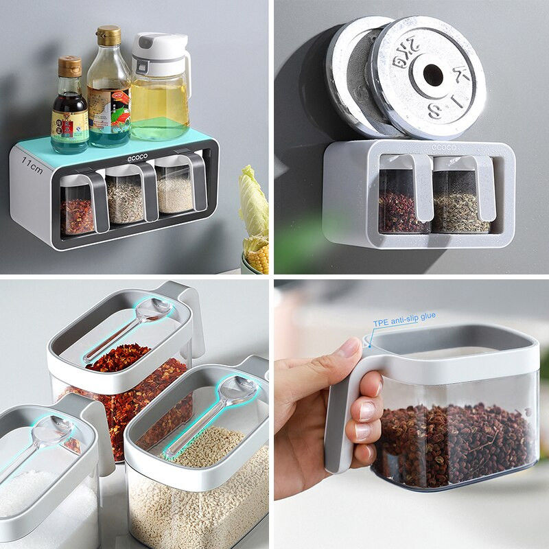 Nástenný držiak na korenie, cukor, soľ, korenie, stojan na korenie, plastové úložné boxy na korenie, držiak na korenie, kuchynské doplnky