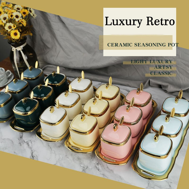 Kerámia fűszeres tégelyek készletek olaj szójaszósz ecet fűszeres üveg cukor tartály Só bors shakerek konyhai kiegészítők rendszerező