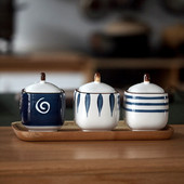 Japonská keramická korenie nádržka na korenie, kuchynská korenie, soľ a cukor/korenie nádoba s podnosom a lyžicou nádoba na korenie poháre