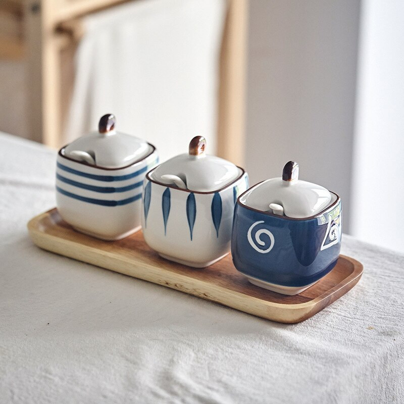 Japonská keramická korenie nádržka na korenie, kuchynská korenie, soľ a cukor/korenie nádoba s podnosom a lyžicou nádoba na korenie poháre