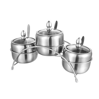 Sada korenín z nehrdzavejúcej ocele 304, nádoba na soľ a korenie, kuchynský koreňový hrniec s lyžicou a viečkom, koreninový hrniec s držiakom